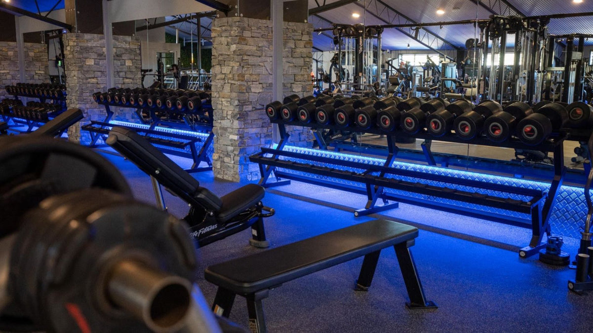 The Cave Gym floor at night with blue lighting, South Toowoomba
