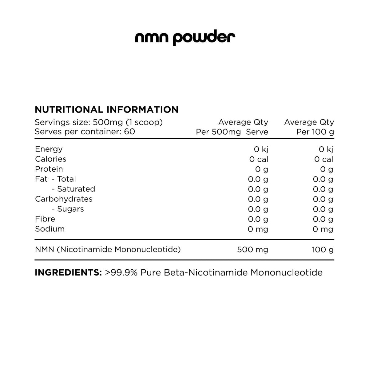 Switch Nutrition - 100% Pure NMN (Nicotinamide Mononucleotide) - Supplements - 60 Serves - Cave Sports Nutrition