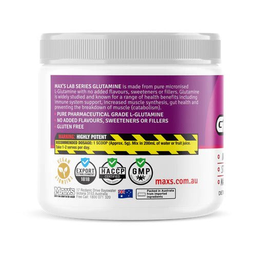 Max's Lab Series - L - Glutamine - Supplements - 20 Serves/100g - Cave Sports Nutrition