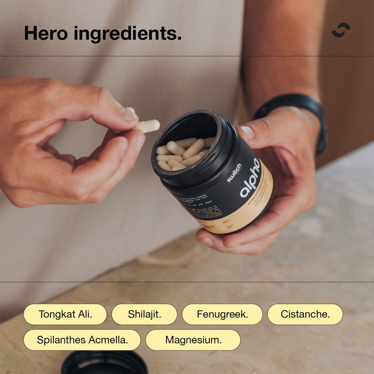 Alpha Switch Capsules hero ingredients: tongkat ali, shilajit, fenugreek, cistanche, spilanthes acmella, magnesium