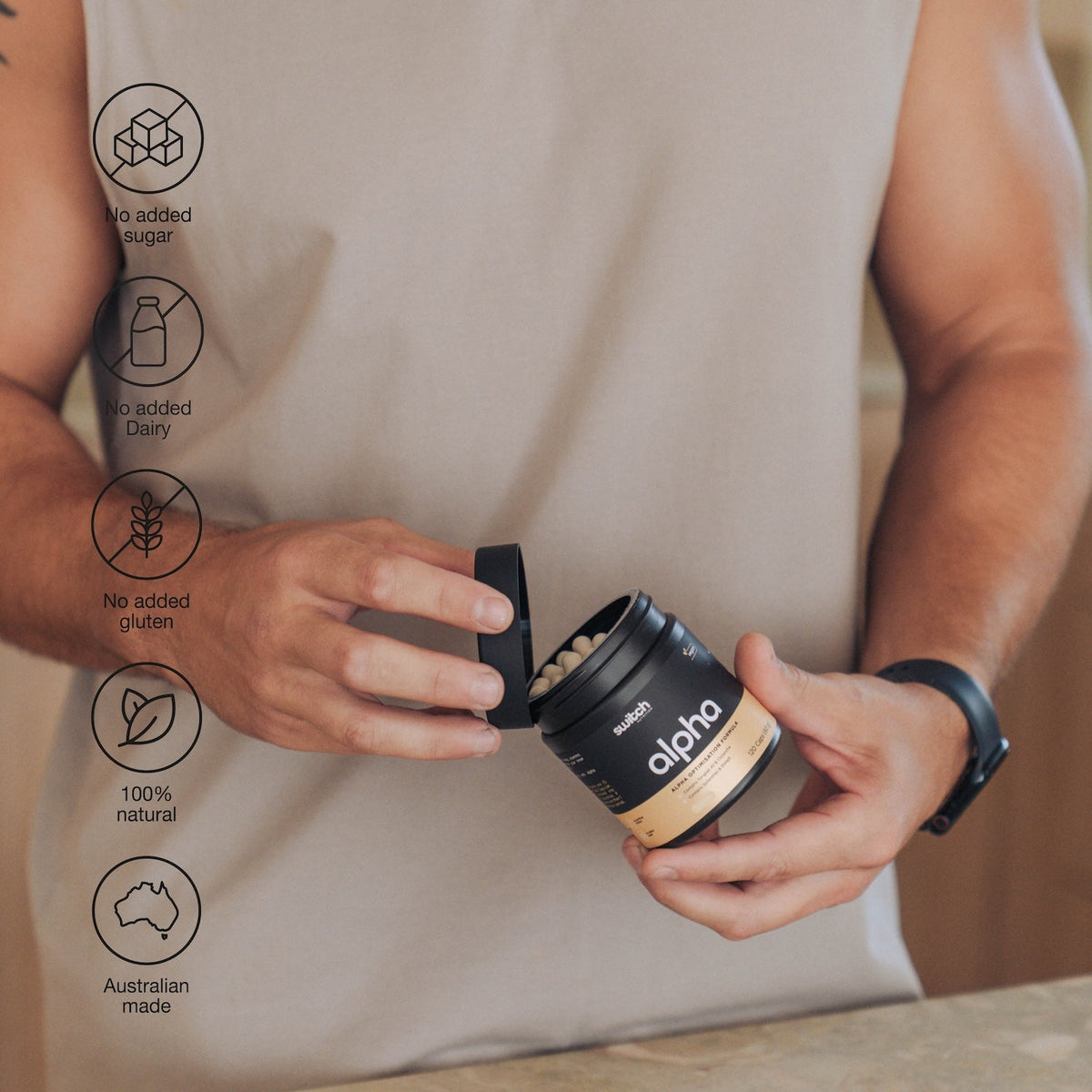 Alpha Switch Capsules no added sugar, dairy or gluten, 100% natural, Australian made