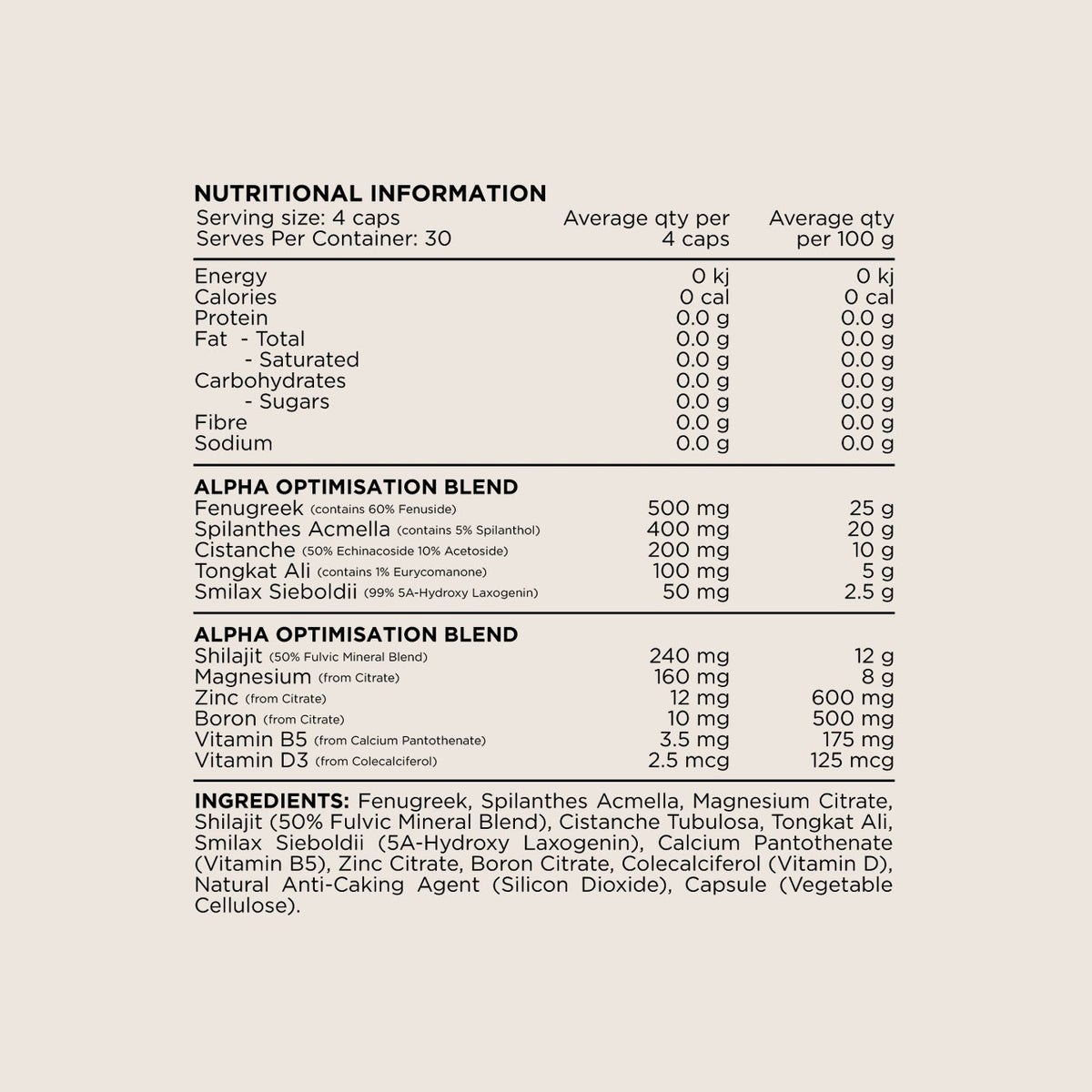 Alpha Switch Capsules nutrition information panel