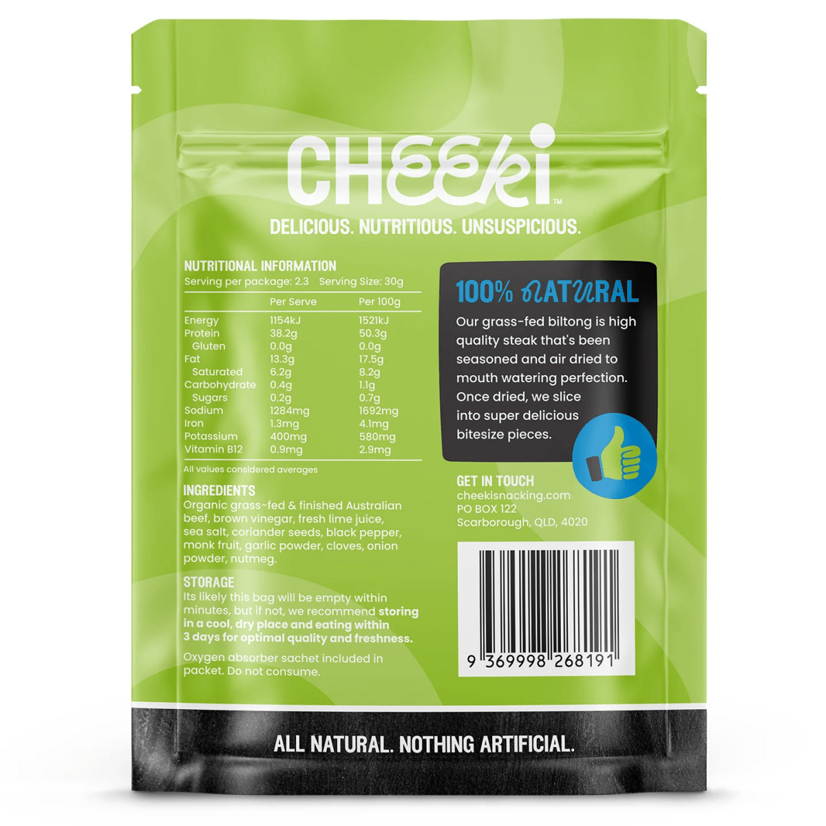 Cheeki - Beef Biltong Original - Cafe - Garlic - Cave Sports Nutrition