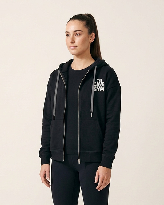 Zip Up Hoodie by The Cave Gym worn by model