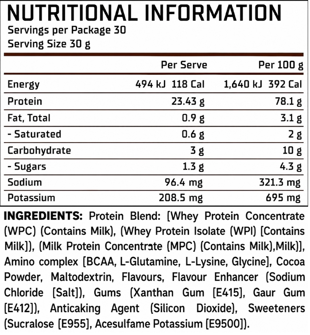 Legit Supps Whey Blend 900g nutrition information panel and ingredients