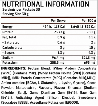 Legit Supps Whey Blend 900g nutrition information panel and ingredients