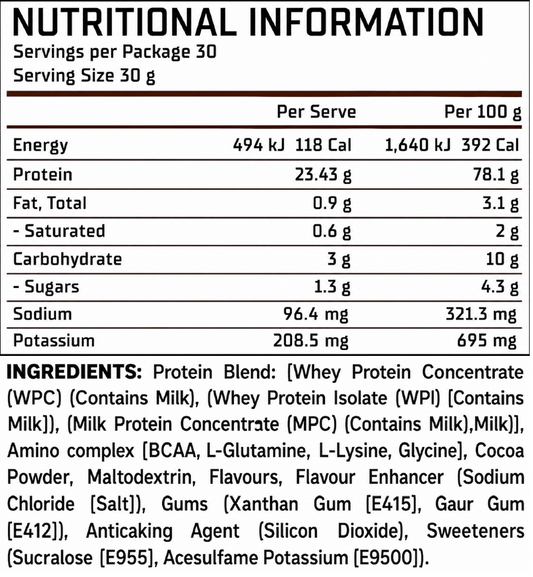 Legit Supps Whey Blend 900g nutrition information panel and ingredients