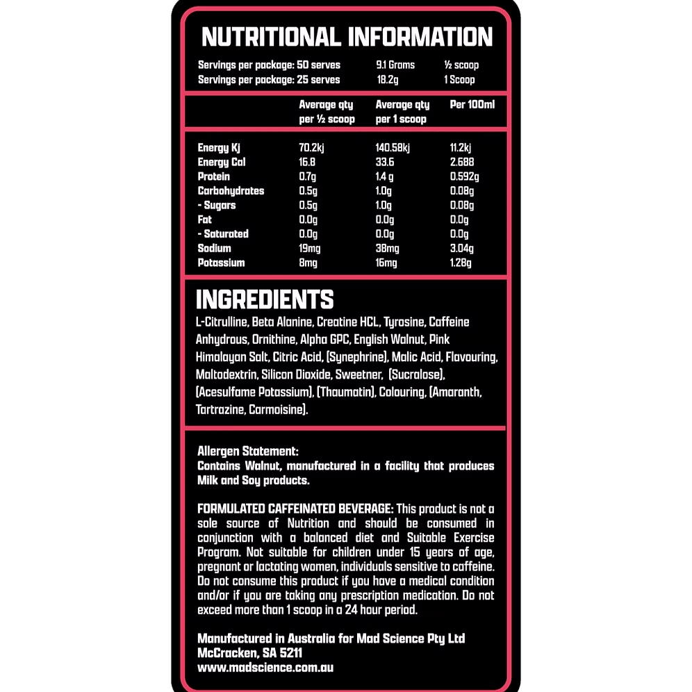 Mad Science - Xtreme Pre - Workout - Supplements - 50/25 Serves - Cave Sports Nutrition
