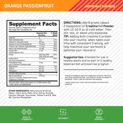 Optimum Nutrition Creatine [+] | 3 - in - 1 Creatine, Vitamins & Electrolytes - Orange Passionfruit - Cave Sports Nutrition