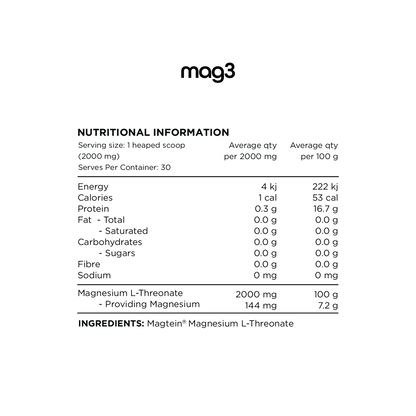 Switch Nutrition - 100% Pure Magnesium L - Threonate Mag3 (Powder) - Supplements - 30 Serves - Cave Sports Nutrition