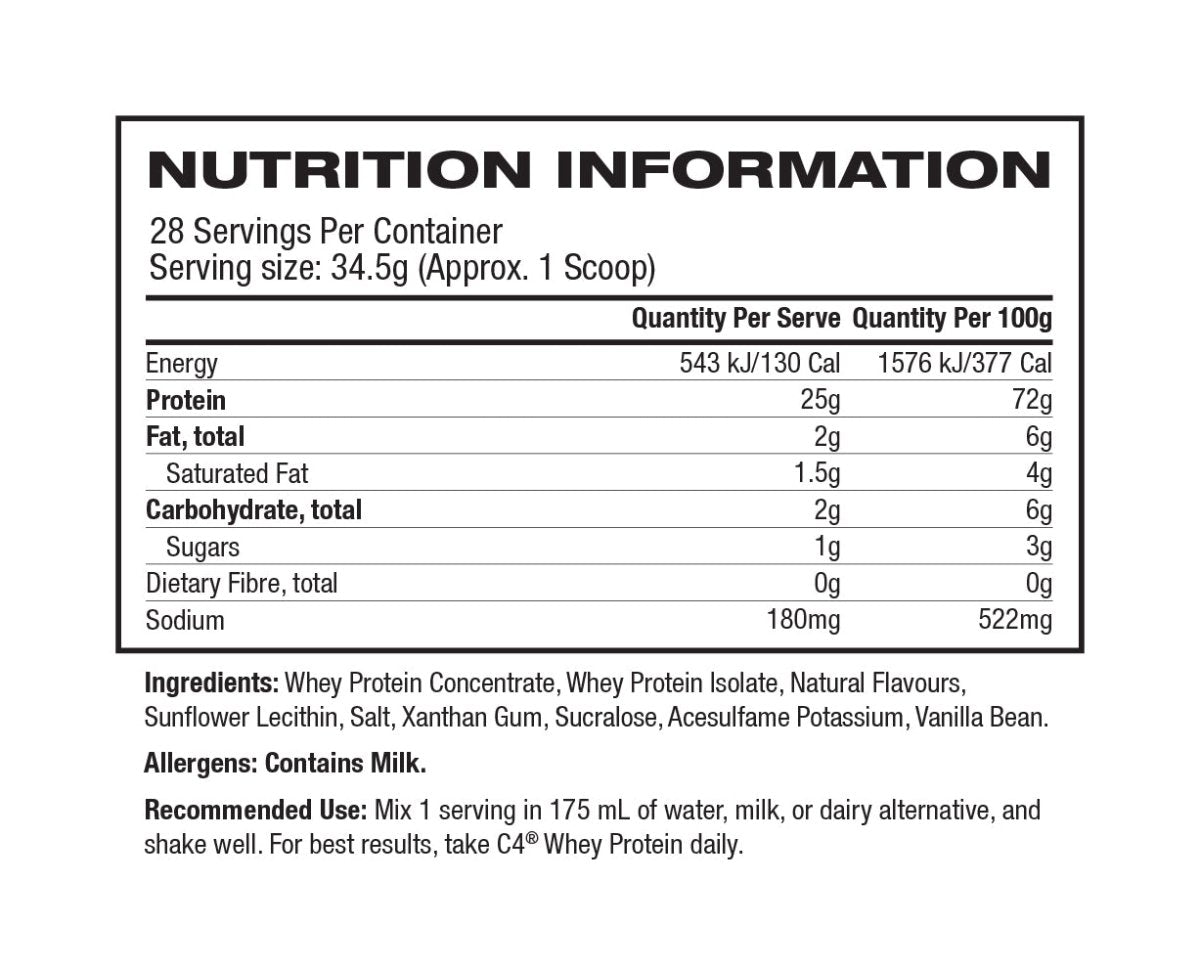 Whey Protein Powder By C4 - Supplements - Vanilla Bean - Cave Sports Nutrition