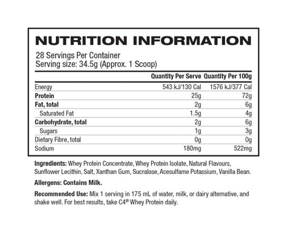 Whey Protein Powder By C4 - Supplements - Vanilla Bean - Cave Sports Nutrition