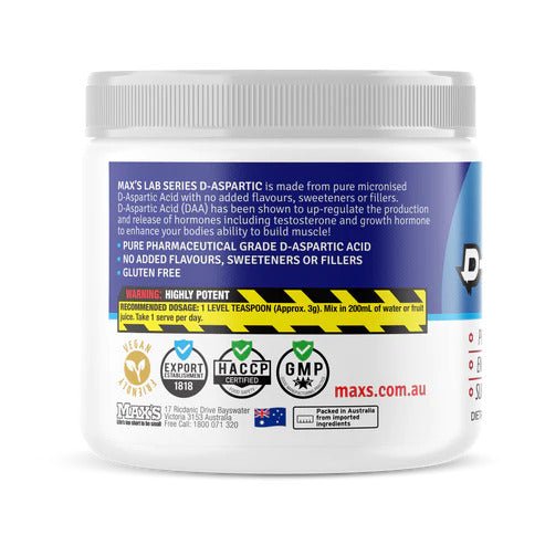 Max's Lab Series - D - Aspartic Acid - Supplements - 33 Serves/100g - Cave Sports Nutrition