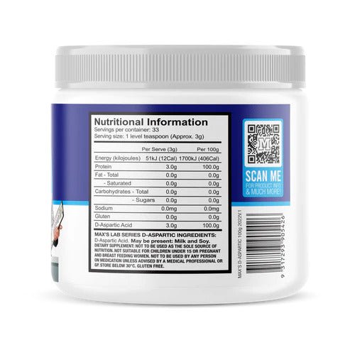 Max's Lab Series - D - Aspartic Acid - Supplements - 33 Serves/100g - Cave Sports Nutrition