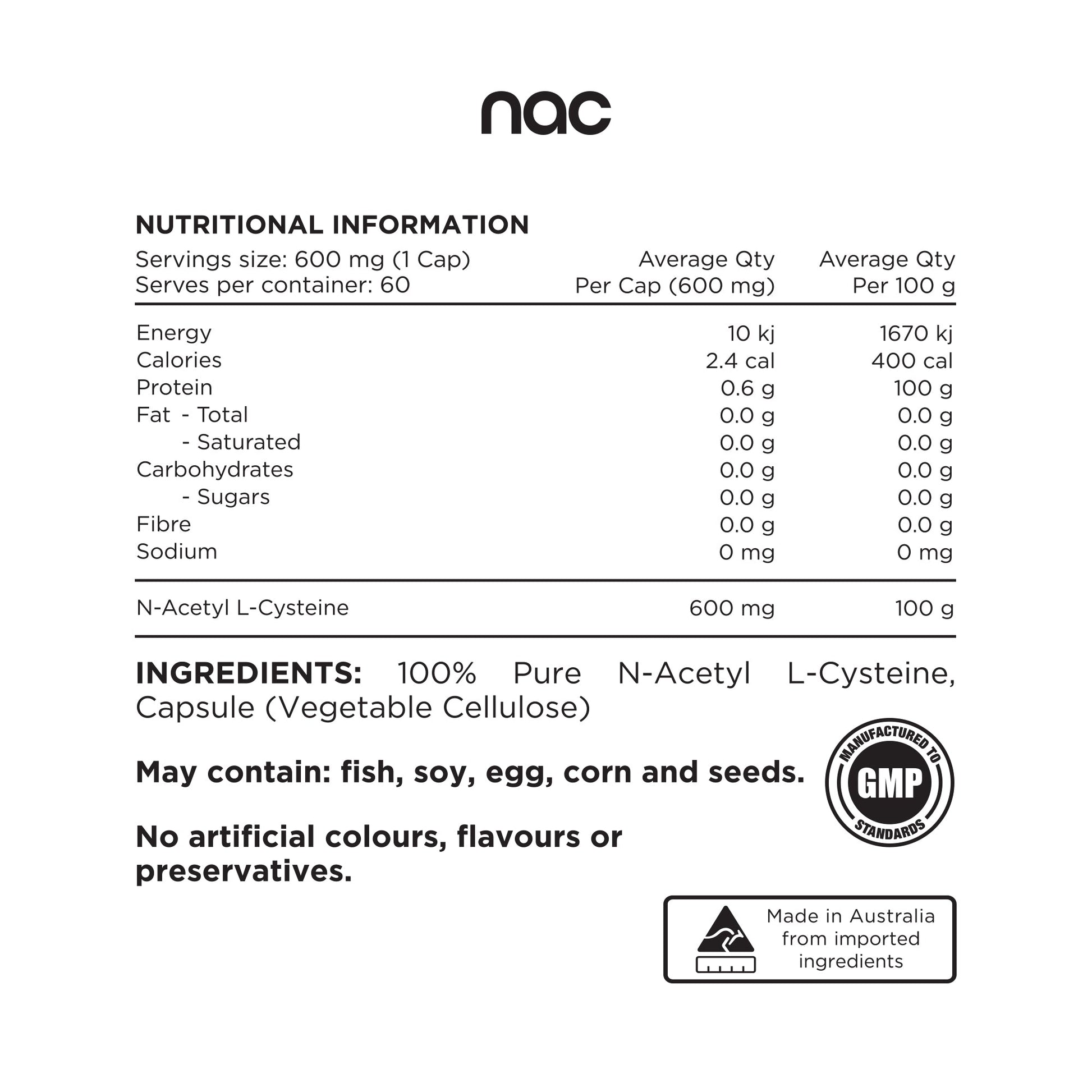 Switch Nutrition - 100% Pure N - Acetyl L - Cysteine (NAC) Capsules - Supplements - 60 Serves - Cave Sports Nutrition